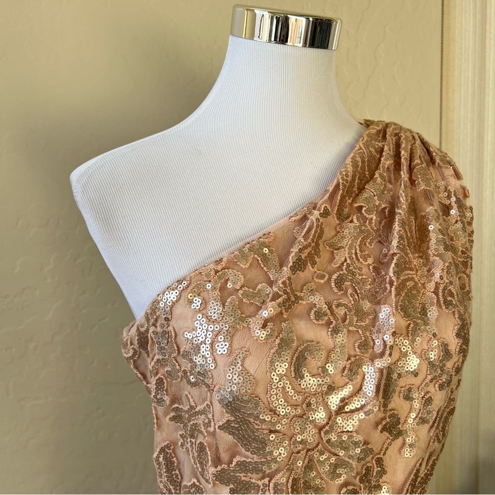 Tadashi Shoji $328 Champagne Sequined One Shoulder Knee Length Dress 12 - Picture 9 of 13